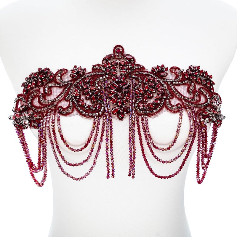 amusediy Wine Red Beaded Rhinestones Applique Embellishment for Clothes,Epaulettes Shoulder Patches Sew-on Diamond Sequin Applique for Wedding Dress DIY Accessories Belt Waist Decoration - Image 1